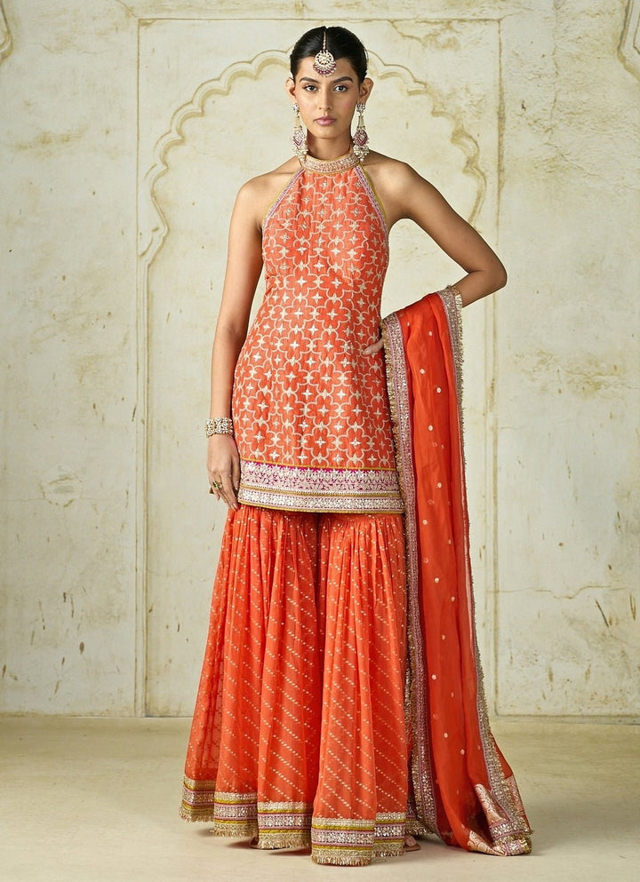 Gopi Vaid Orange Tussar Halter Kurta Sharara SetFabilicious Fashion