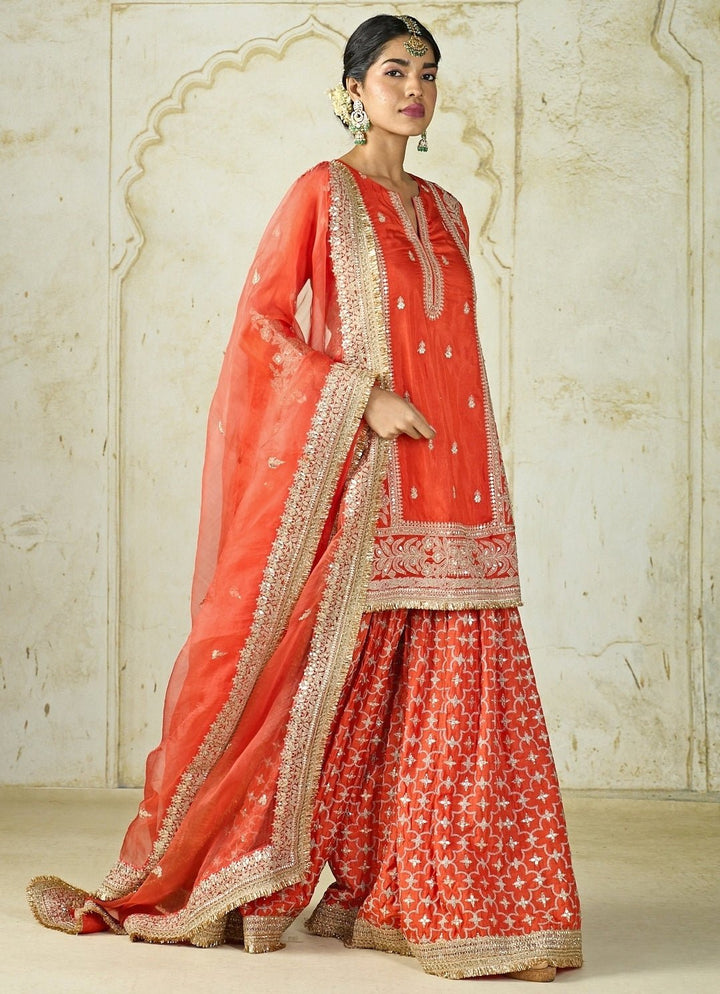 Gopi Vaid Orange Tussar Kurta Sharara SetFabilicious Fashion