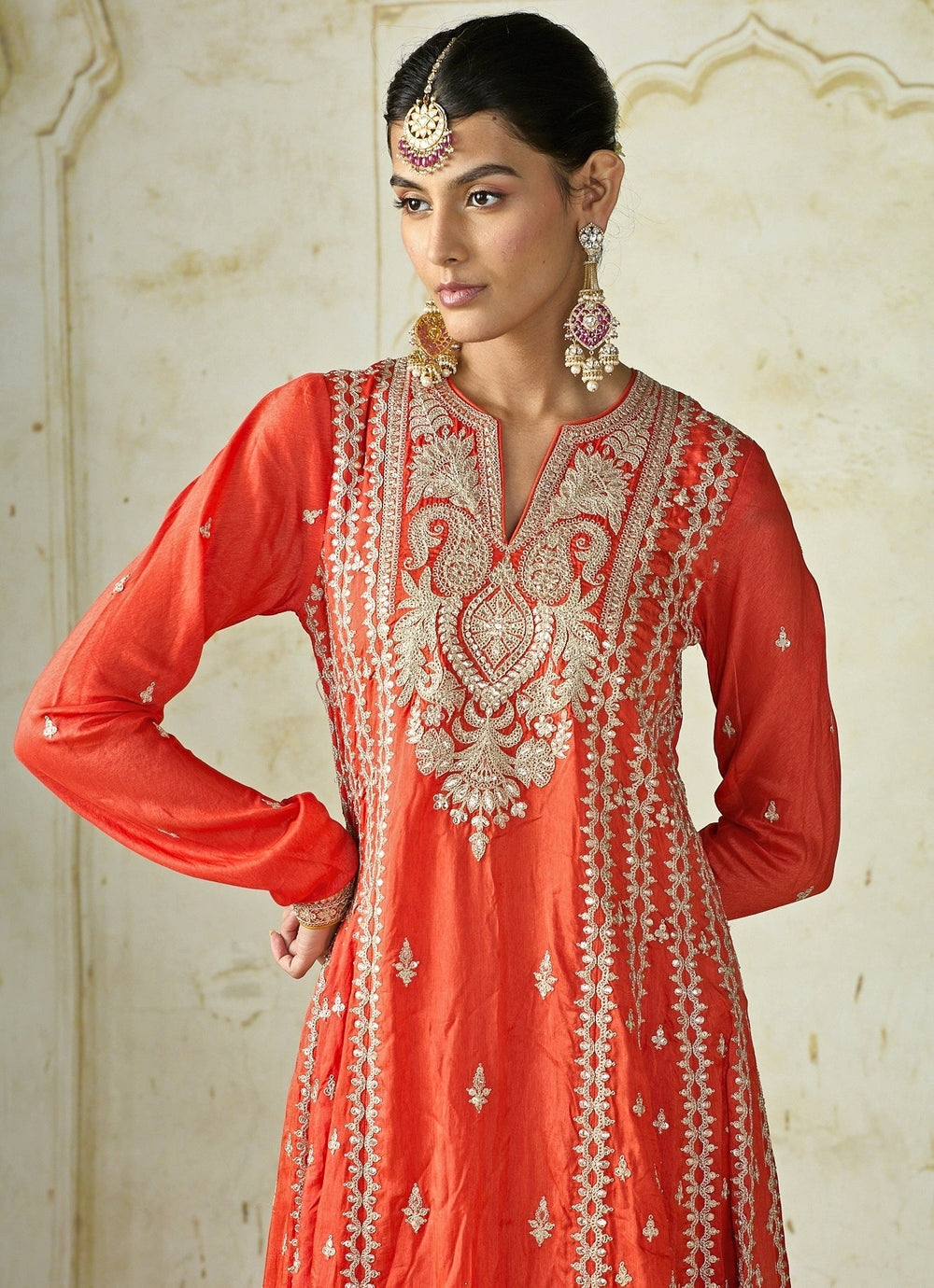 Gopi Vaid Orange Tussar Long Kurta Pants SetFabilicious Fashion