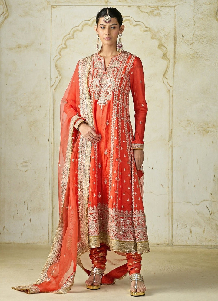 Gopi Vaid Orange Tussar Long Kurta Pants SetFabilicious Fashion