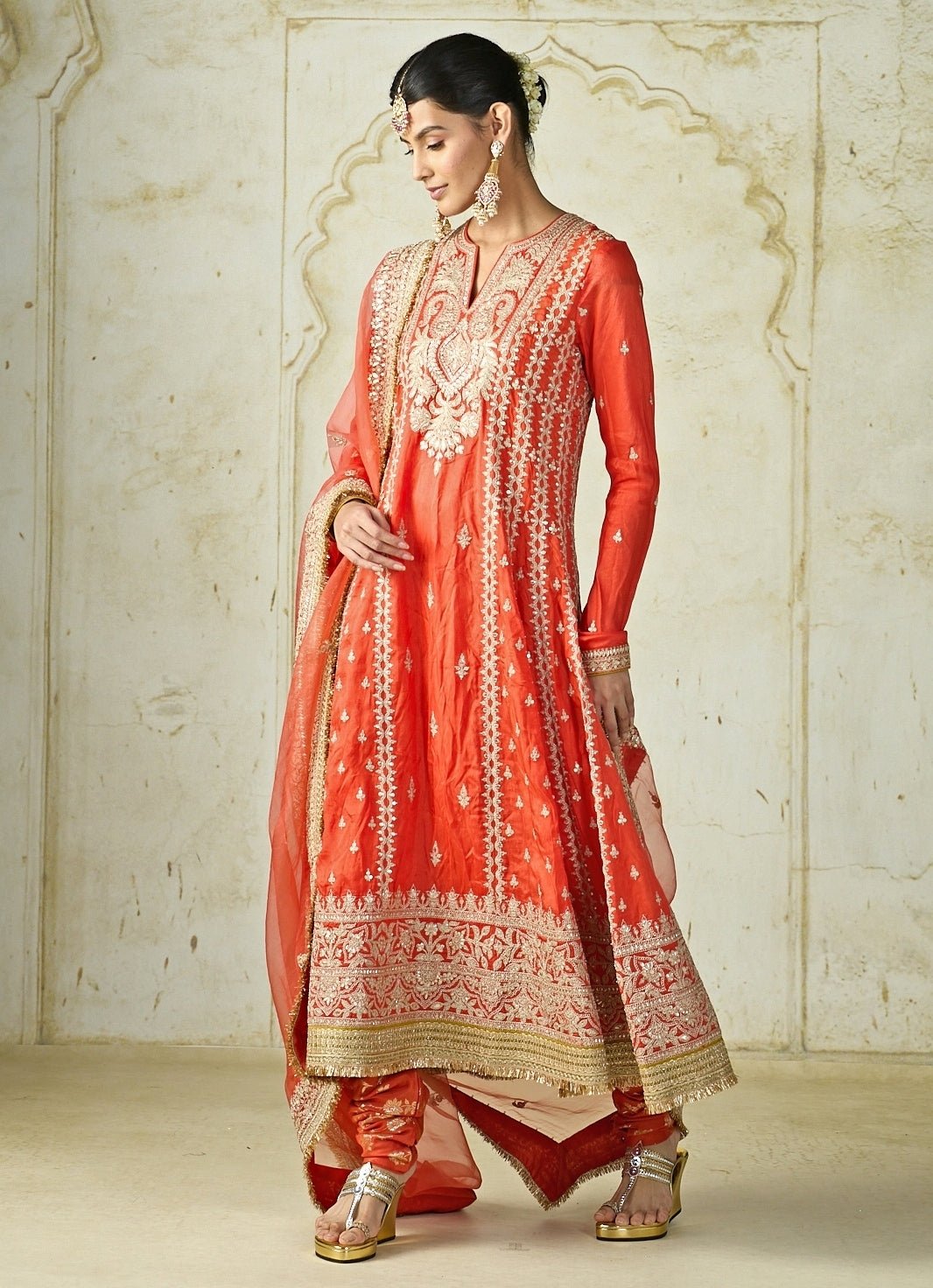 Gopi Vaid Orange Tussar Long Kurta Pants SetFabilicious Fashion