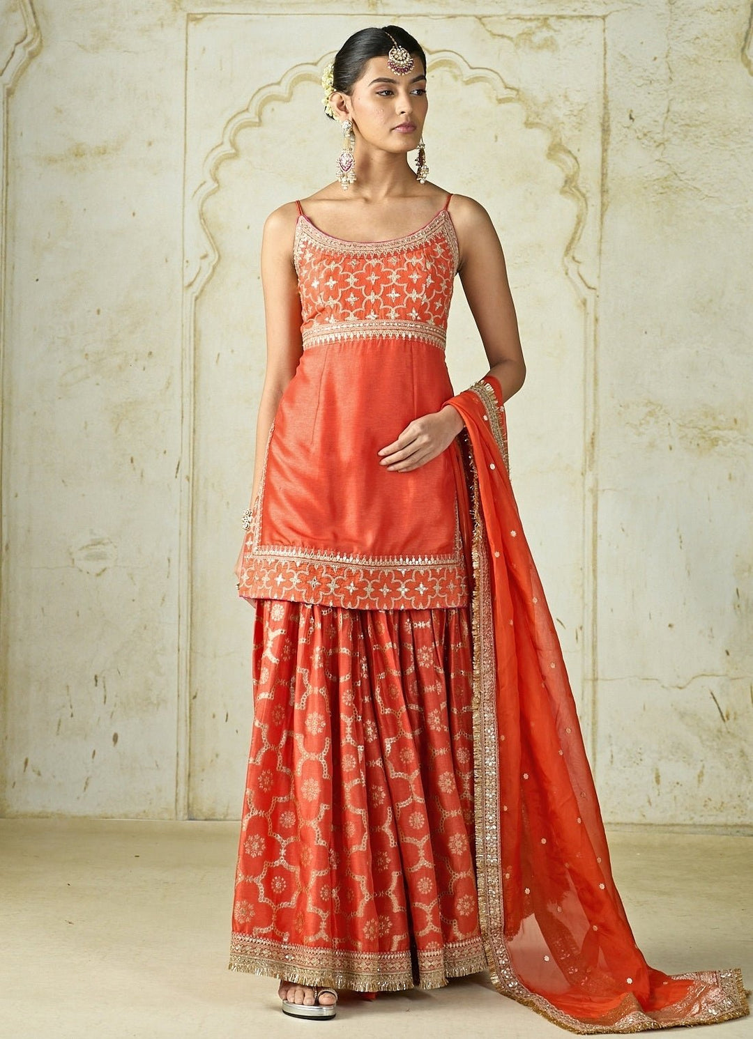 Gopi Vaid Orange Tussar Strappy Kurta Sharara SetFabilicious Fashion