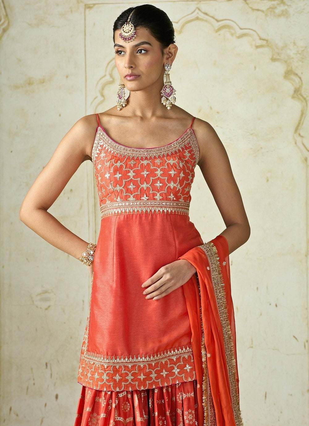 Gopi Vaid Orange Tussar Strappy Kurta Sharara SetFabilicious Fashion