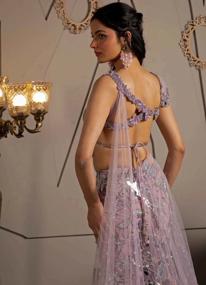 Orchid Pink and Blue Butterfly Lehenga Set Moledro - Fabilicious Fashion