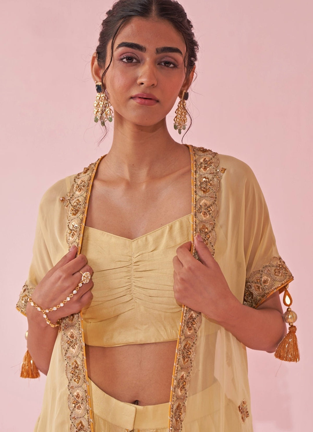 Pale Yellow Blouse And Pants Set With Embroidered Cape Studio Bagechaa - Fabilicious Fashion