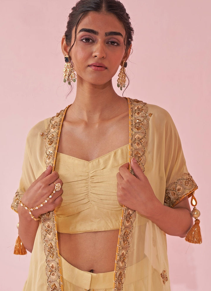 Pale Yellow Blouse And Pants Set With Embroidered Cape Studio Bagechaa - Fabilicious Fashion