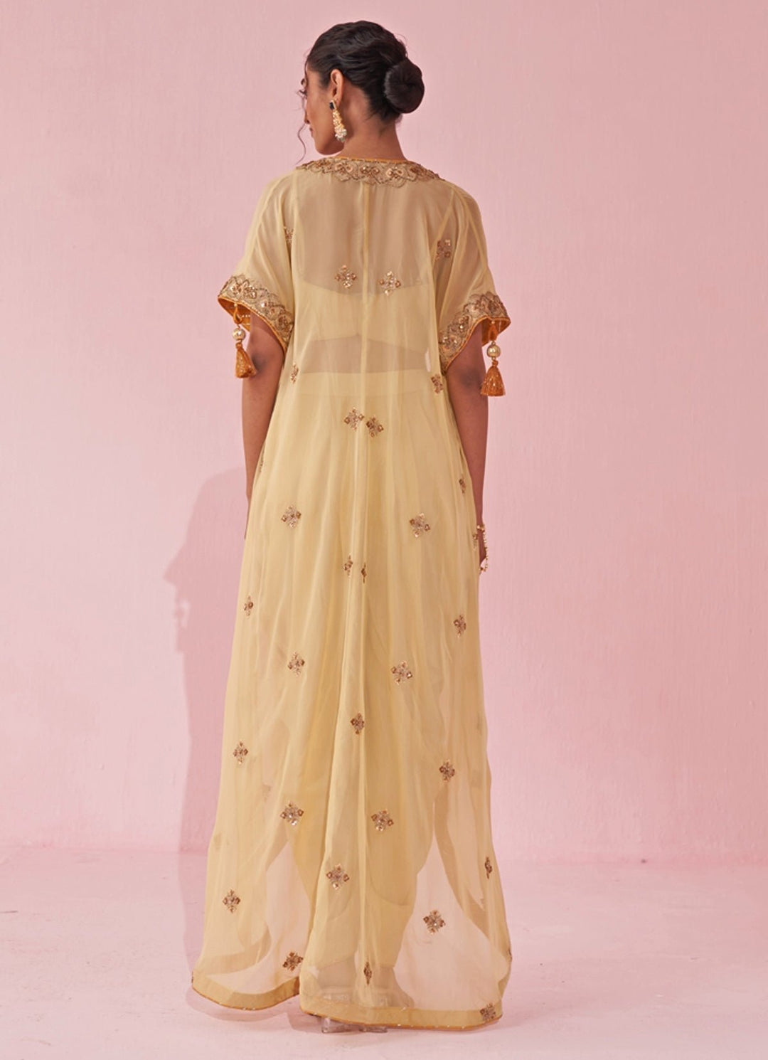 Pale Yellow Blouse And Pants Set With Embroidered Cape Studio Bagechaa - Fabilicious Fashion