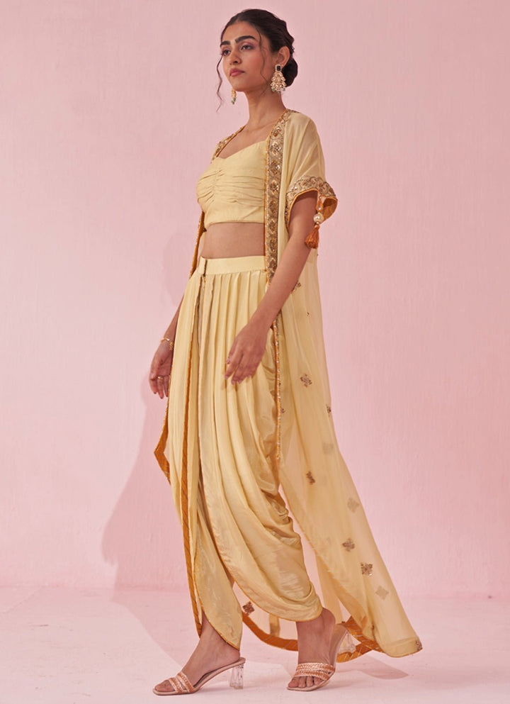 Pale Yellow Blouse And Pants Set With Embroidered Cape Studio Bagechaa - Fabilicious Fashion