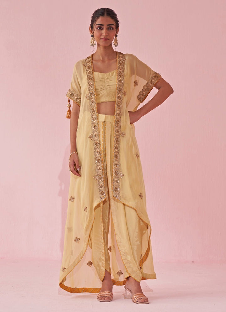 Pale Yellow Blouse And Pants Set With Embroidered Cape Studio Bagechaa - Fabilicious Fashion