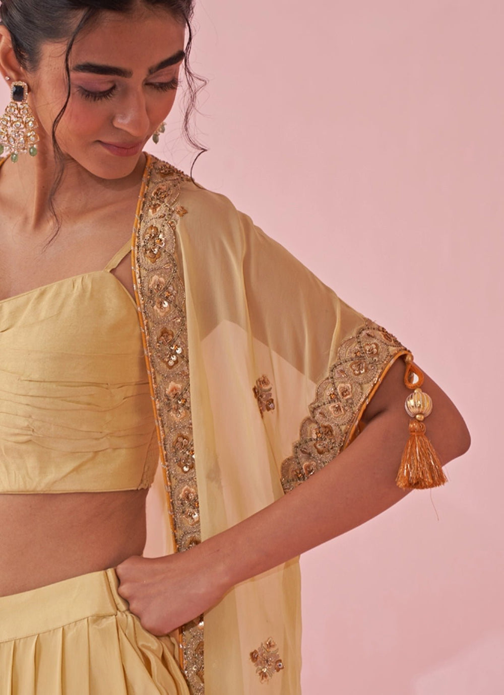 Pale Yellow Blouse And Pants Set With Embroidered Cape Studio Bagechaa - Fabilicious Fashion