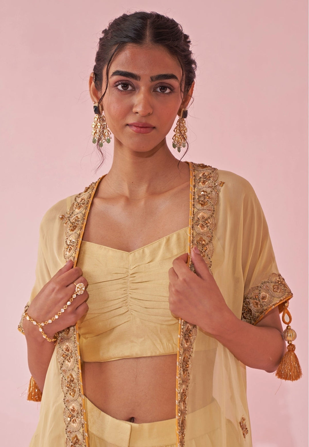 Pale Yellow Blouse And Pants Set With Embroidered Cape Studio Bagechaa - Fabilicious Fashion