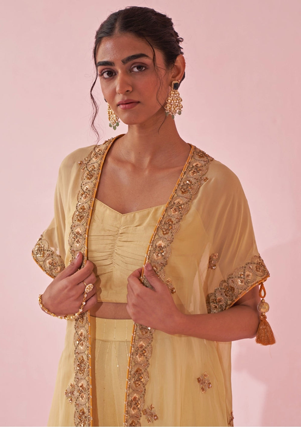 Pale Yellow Blouse Sharara Set With Embroidered Cape Studio Bagechaa - Fabilicious Fashion