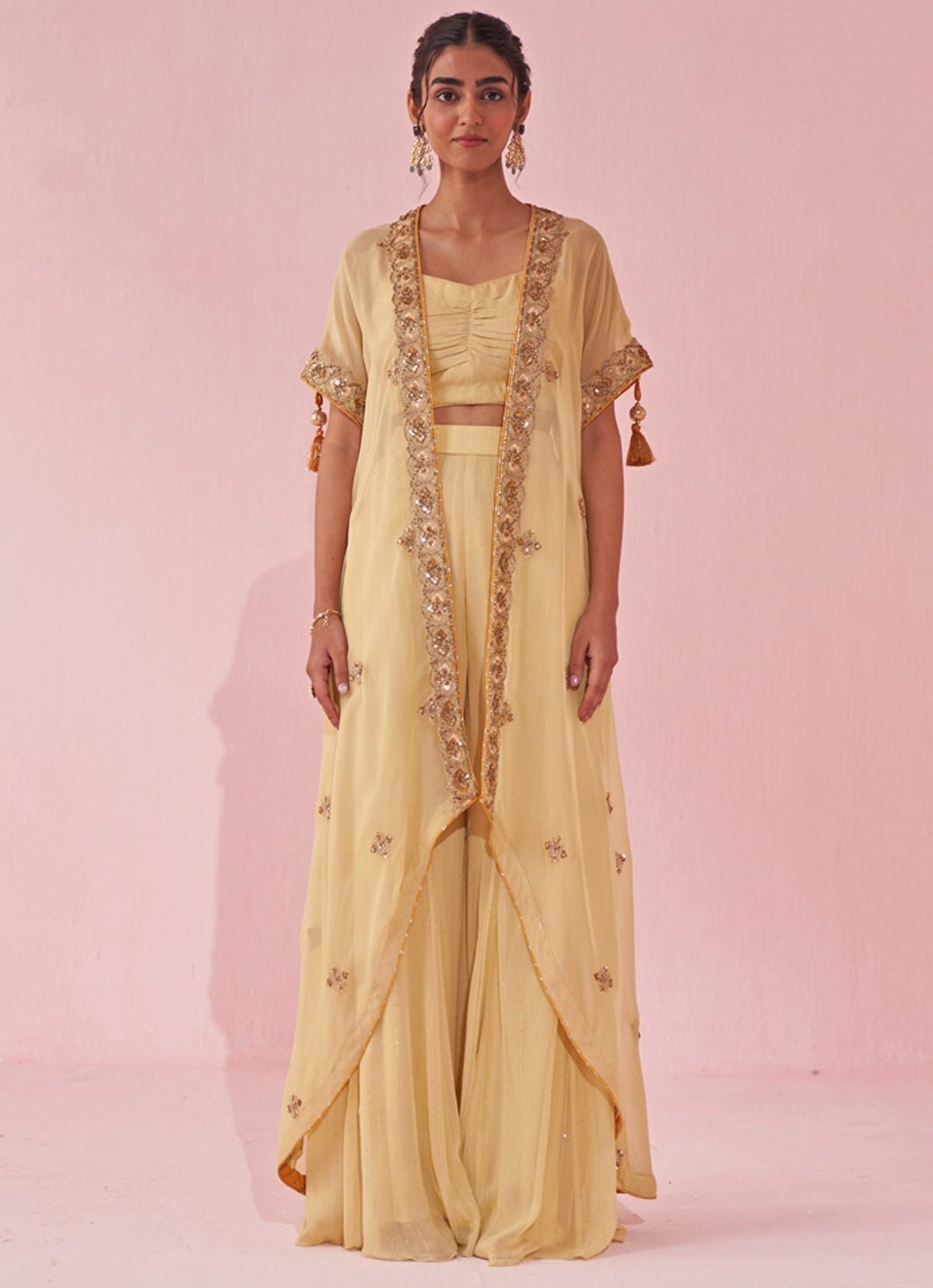 Pale Yellow Blouse Sharara Set With Embroidered Cape Studio Bagechaa - Fabilicious Fashion