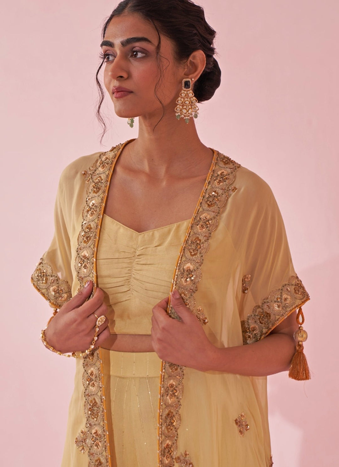 Pale Yellow Blouse Sharara Set With Embroidered Cape Studio Bagechaa - Fabilicious Fashion