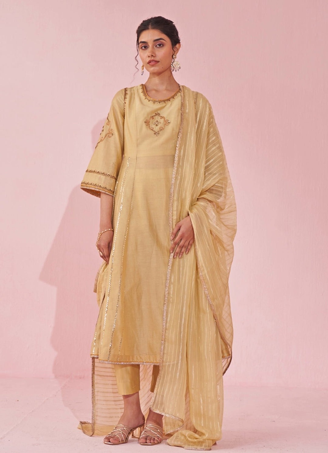Pale Yellow Chanderi Silk Embroidered Anarkali Pants Set Studio Bagechaa - Fabilicious Fashion