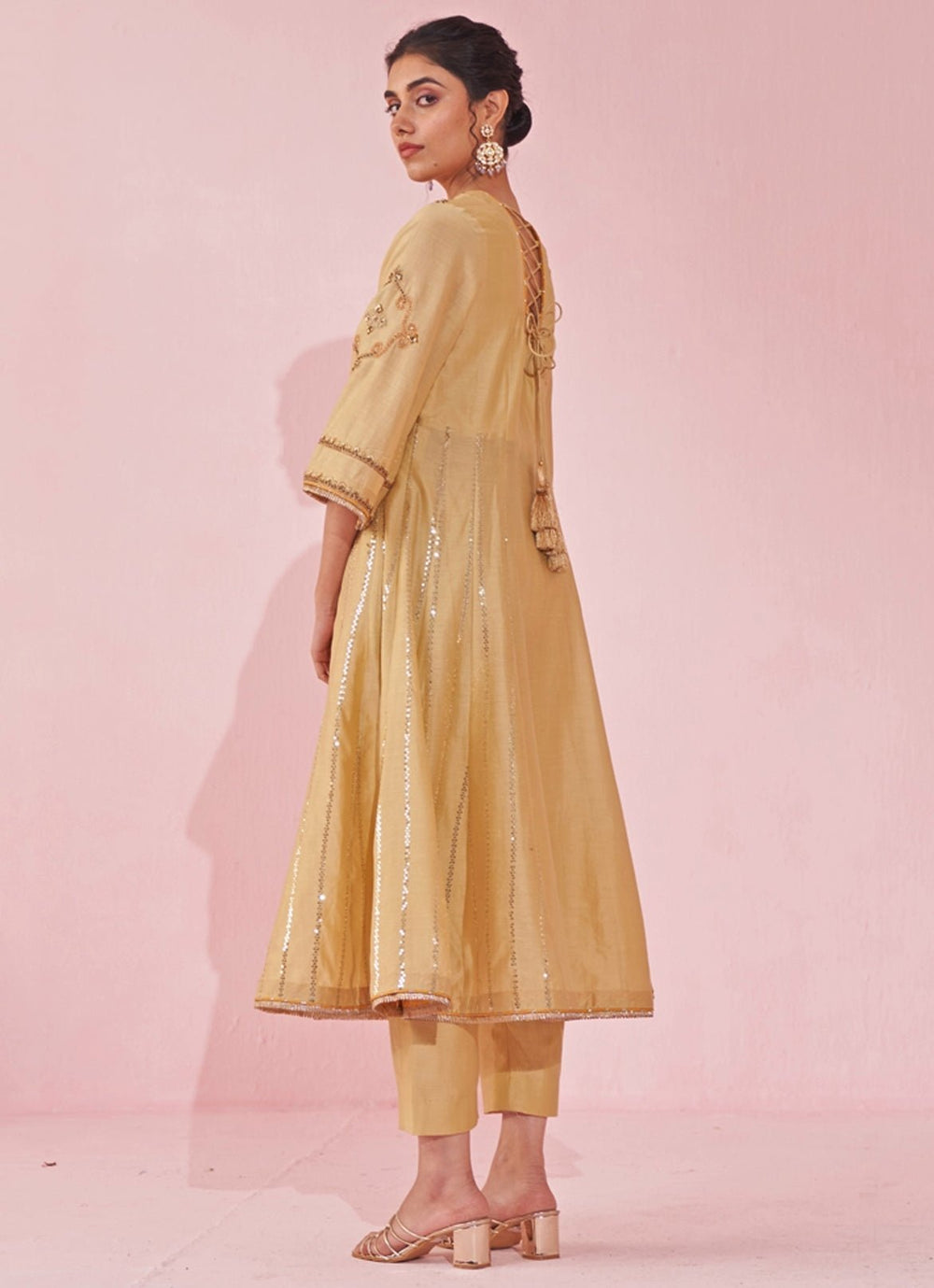 Pale Yellow Chanderi Silk Embroidered Anarkali Pants Set Studio Bagechaa - Fabilicious Fashion