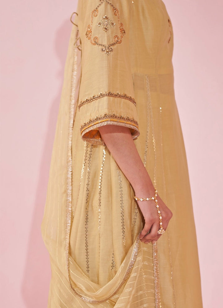 Pale Yellow Chanderi Silk Embroidered Anarkali Pants Set Studio Bagechaa - Fabilicious Fashion