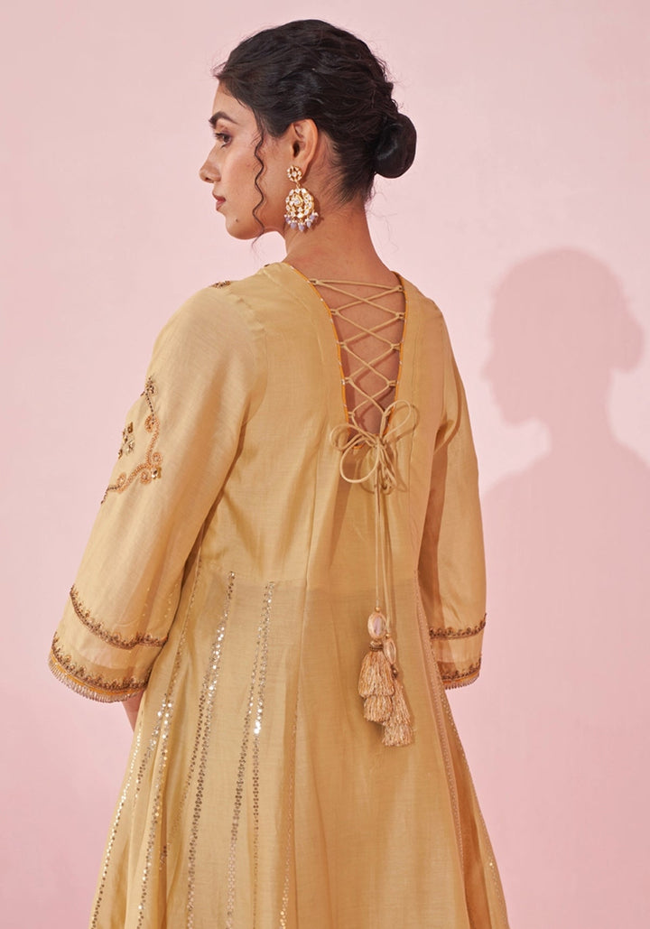 Pale Yellow Chanderi Silk Embroidered Anarkali Pants Set Studio Bagechaa - Fabilicious Fashion