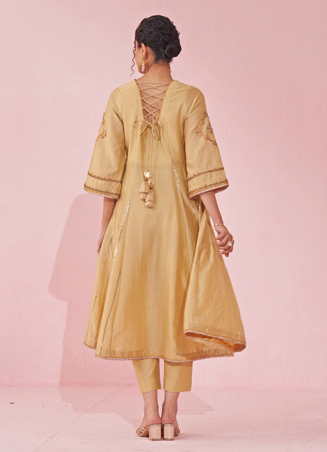 Pale Yellow Chanderi Silk Embroidered Anarkali Pants Set Studio Bagechaa - Fabilicious Fashion