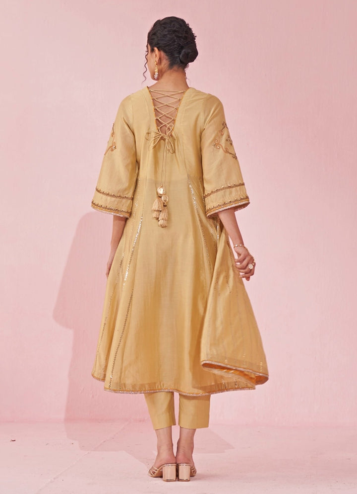 Pale Yellow Chanderi Silk Embroidered Anarkali Pants Set Studio Bagechaa - Fabilicious Fashion