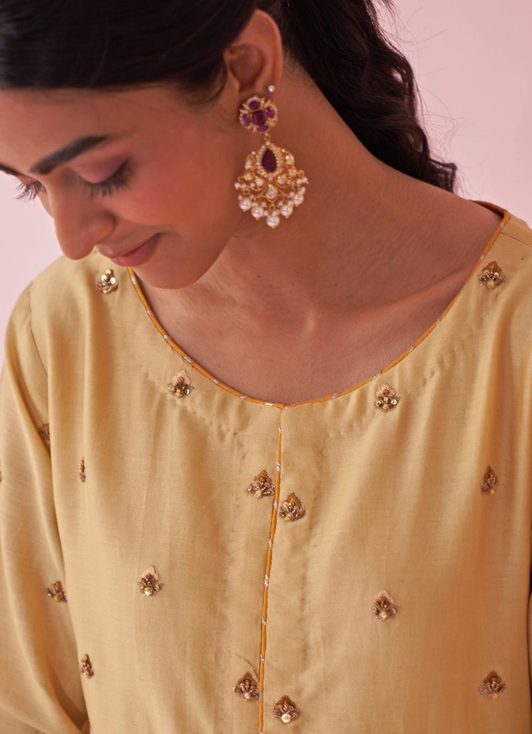 Pale Yellow Embroidered Chanderi Co Ord Set Studio Bagechaa - Fabilicious Fashion