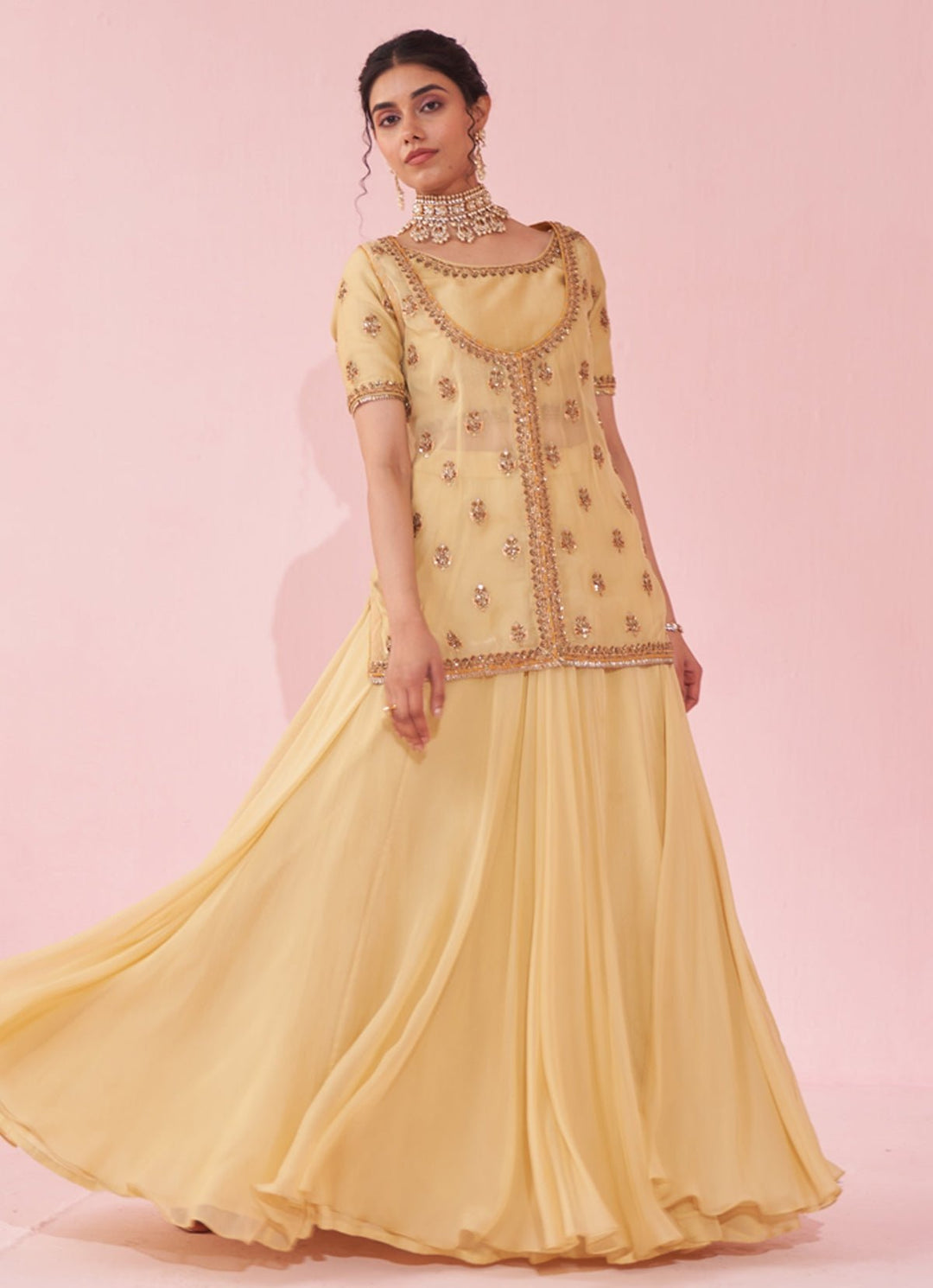 Pale Yellow Embroidered Jacket Lehenga Set Studio Bagechaa - Fabilicious Fashion