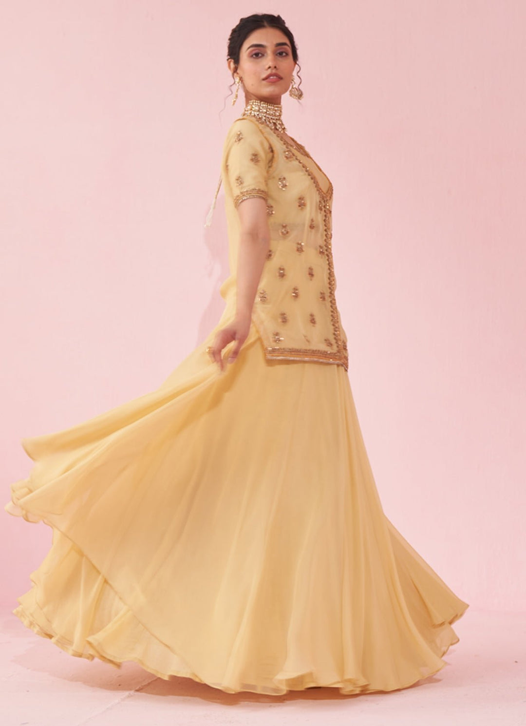 Pale Yellow Embroidered Jacket Lehenga Set Studio Bagechaa - Fabilicious Fashion