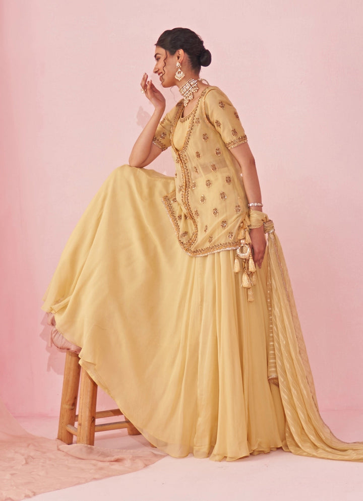 Pale Yellow Embroidered Jacket Lehenga Set Studio Bagechaa - Fabilicious Fashion