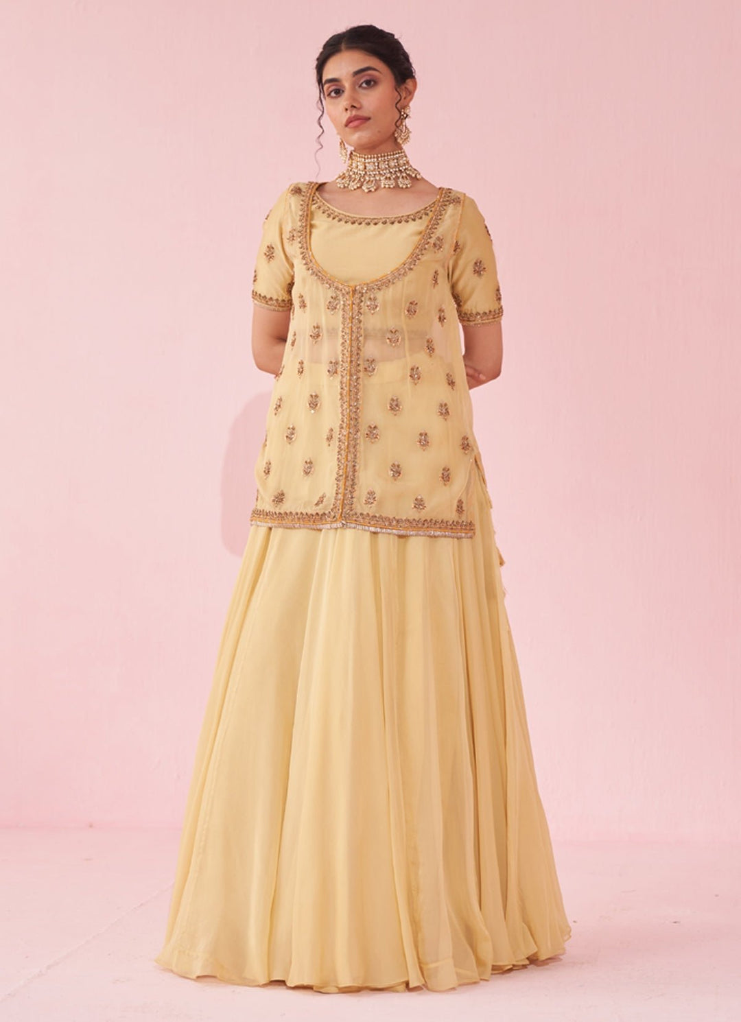 Pale Yellow Embroidered Jacket Lehenga Set Studio Bagechaa - Fabilicious Fashion