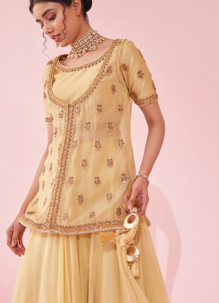 Pale Yellow Embroidered Jacket Lehenga Set Studio Bagechaa - Fabilicious Fashion