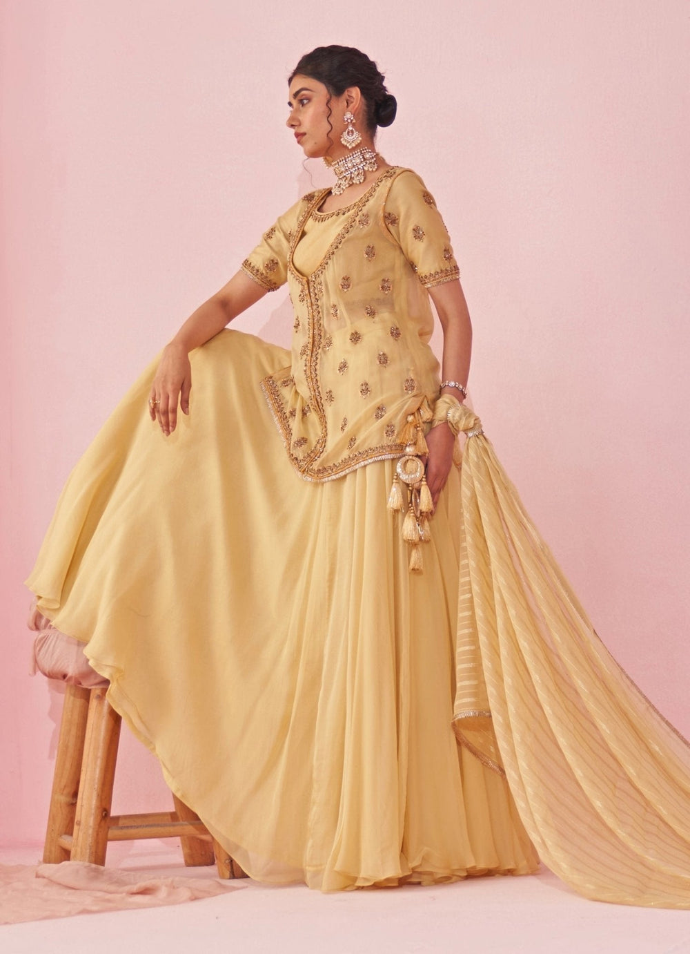 Pale Yellow Embroidered Jacket Lehenga Set Studio Bagechaa - Fabilicious Fashion