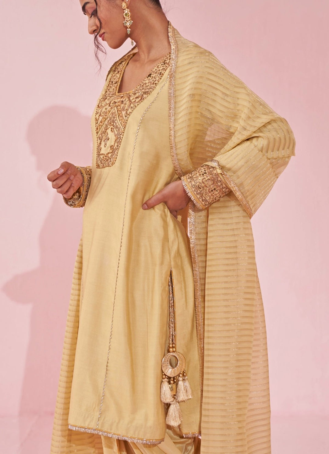 Pale Yellow Embroidered Kurta Tulip Pants Set Studio Bagechaa - Fabilicious Fashion