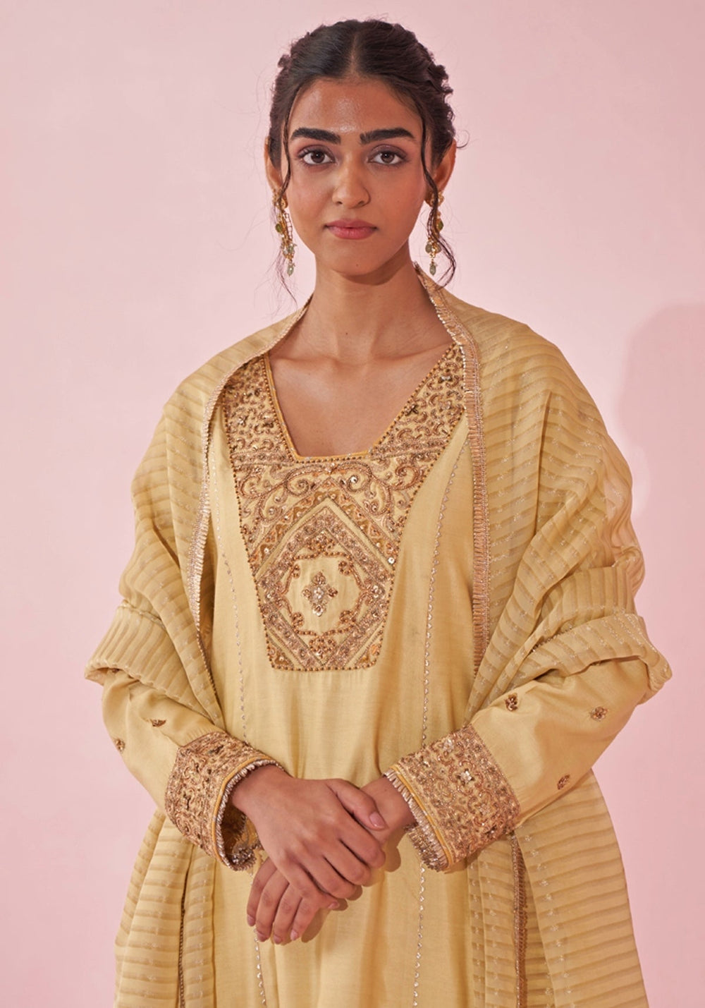Pale Yellow Embroidered Kurta Tulip Pants Set Studio Bagechaa - Fabilicious Fashion