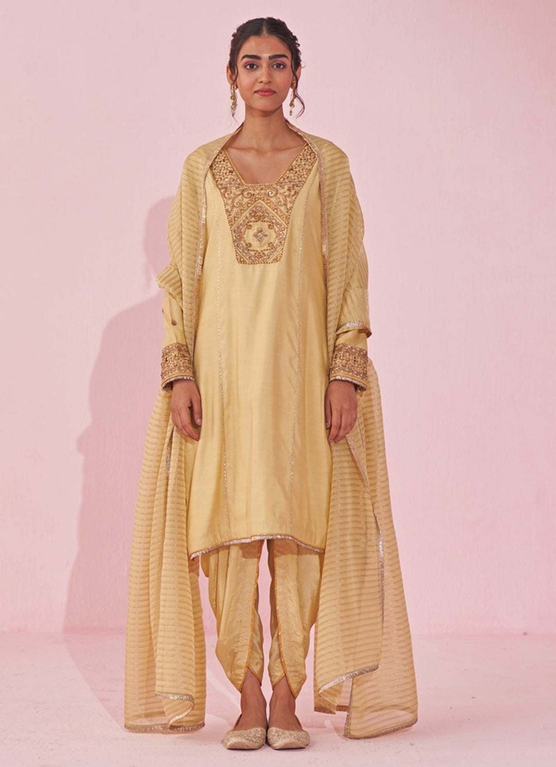Pale Yellow Embroidered Kurta Tulip Pants Set Studio Bagechaa - Fabilicious Fashion