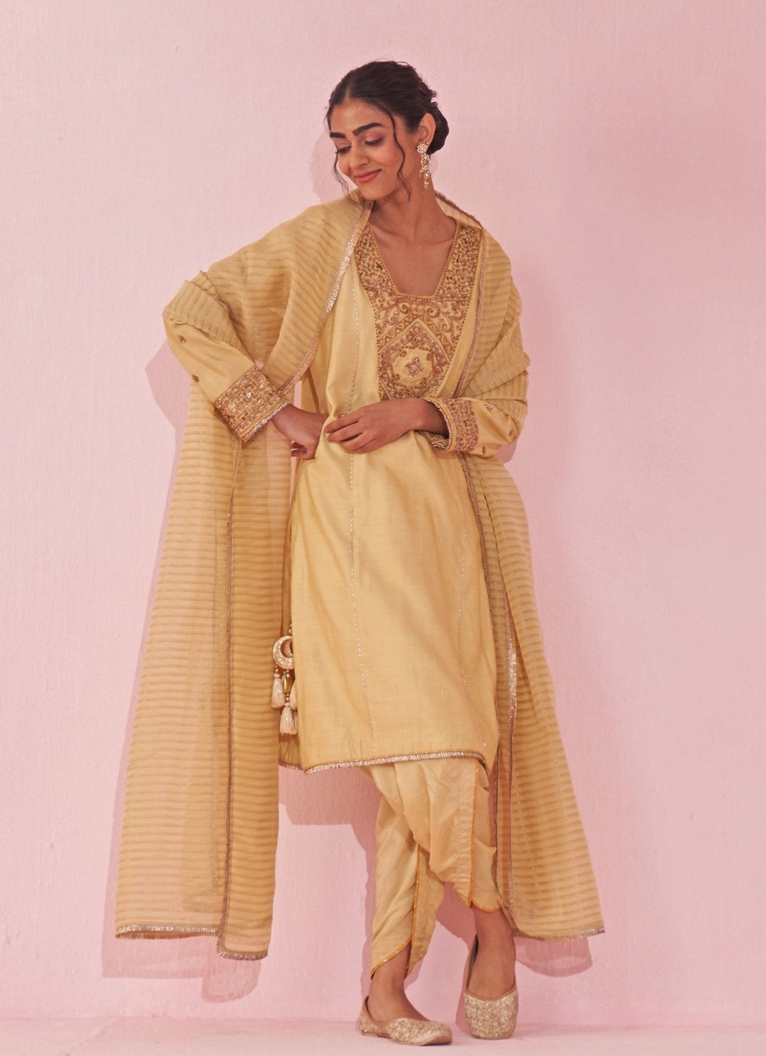 Pale Yellow Embroidered Kurta Tulip Pants Set Studio Bagechaa - Fabilicious Fashion