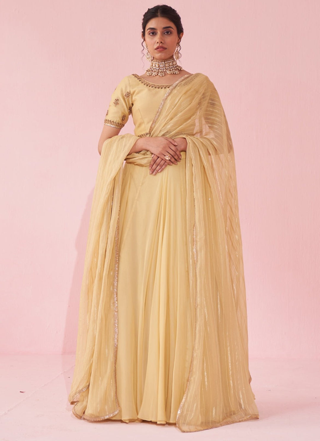 Pale Yellow Embroidered Organza Lehenga Set Studio Bagechaa - Fabilicious Fashion