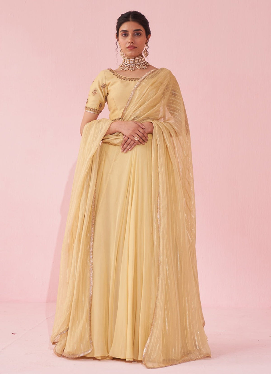 Pale Yellow Embroidered Organza Lehenga Set Studio Bagechaa - Fabilicious Fashion