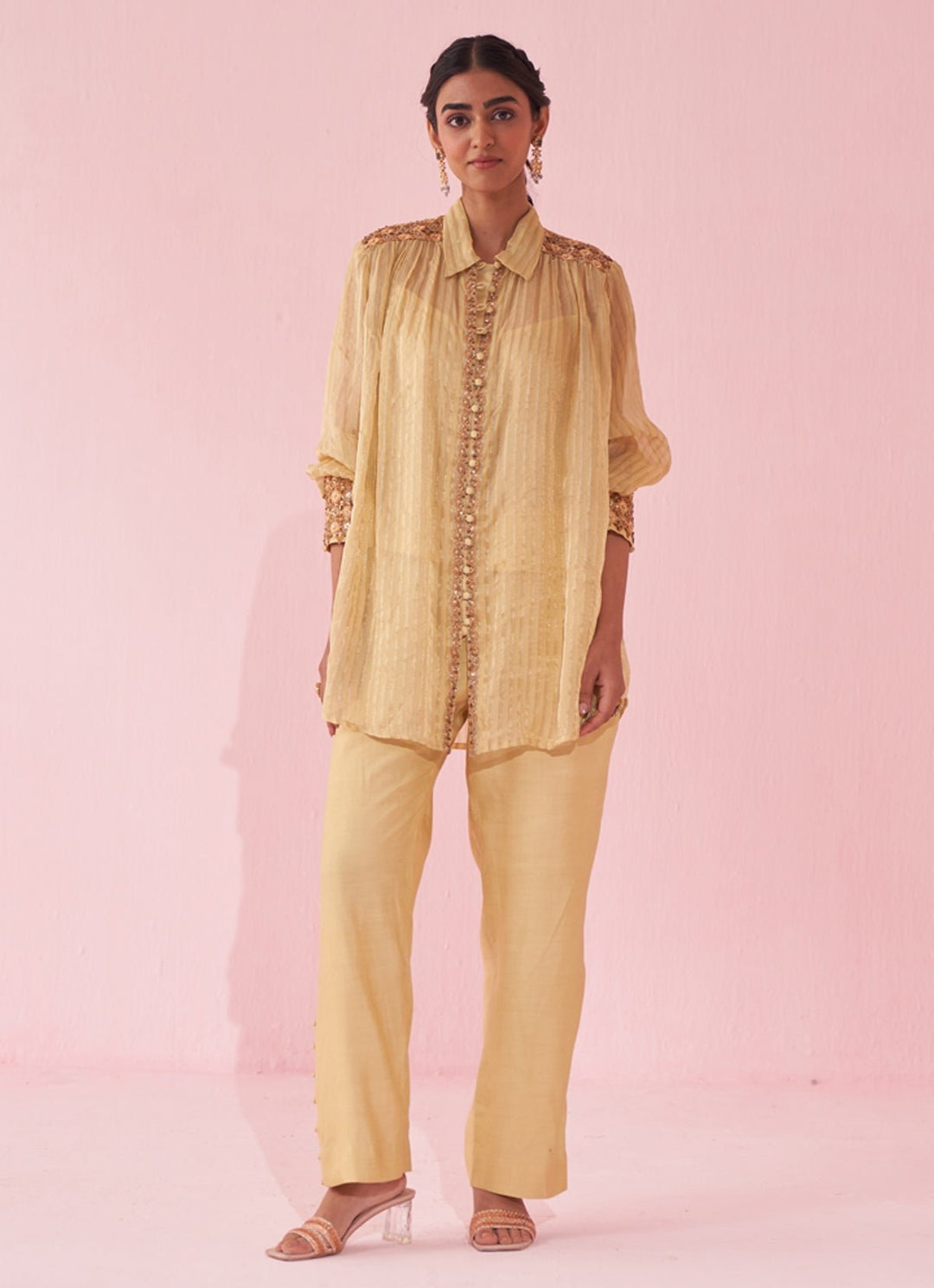 Pale Yellow Embroidered Organza Shirt Pants Set Studio Bagechaa - Fabilicious Fashion