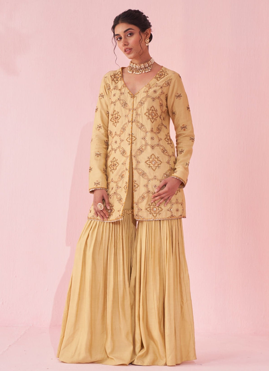 Pale Yellow Embroidered Silk Kurta Sharara Set Studio Bagechaa - Fabilicious Fashion