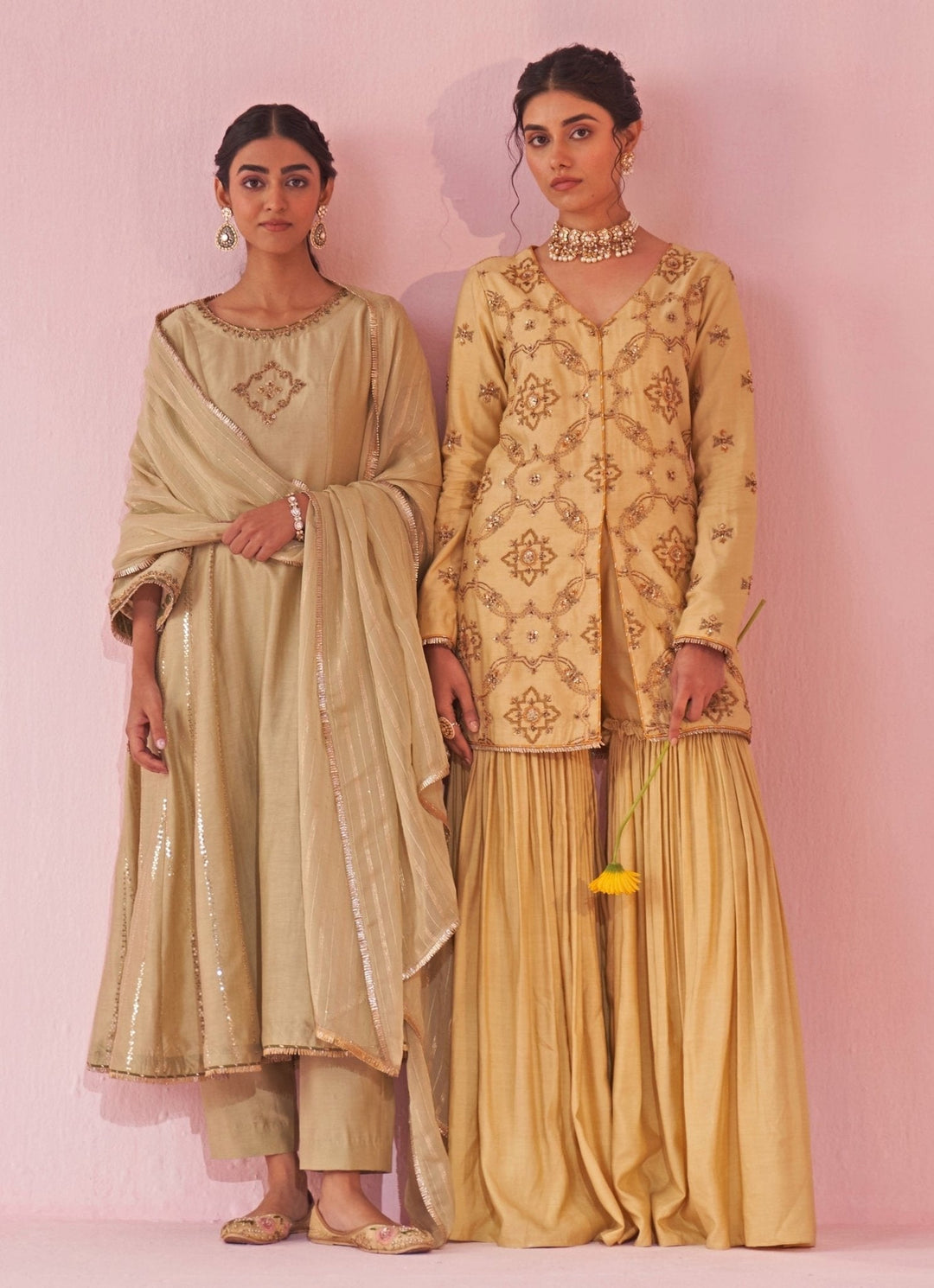 Pale Yellow Embroidered Silk Kurta Sharara Set Studio Bagechaa - Fabilicious Fashion