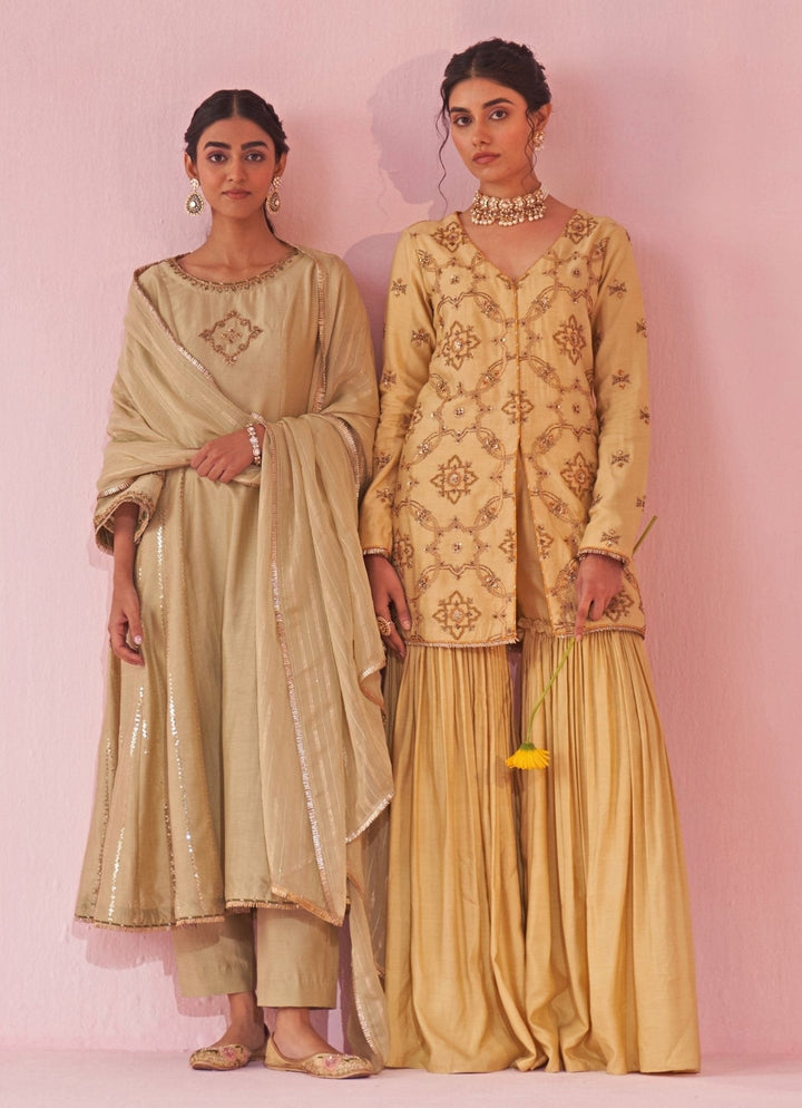Pale Yellow Embroidered Silk Kurta Sharara Set Studio Bagechaa - Fabilicious Fashion