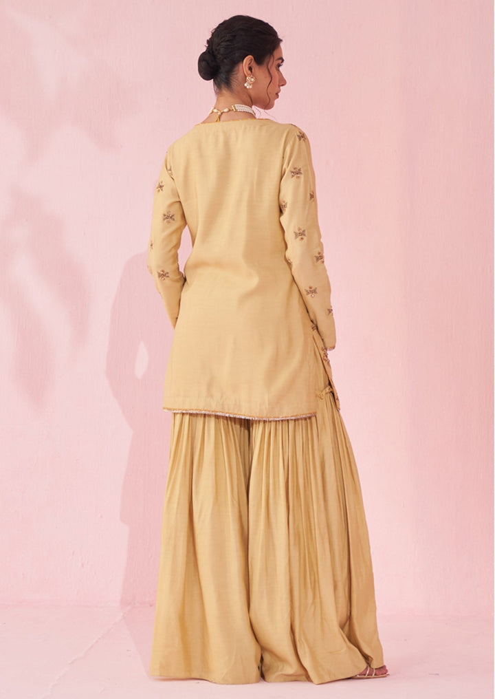 Pale Yellow Embroidered Silk Kurta Sharara Set Studio Bagechaa - Fabilicious Fashion