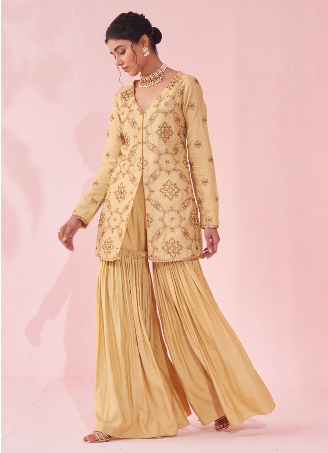 Pale Yellow Embroidered Silk Kurta Sharara Set Studio Bagechaa - Fabilicious Fashion