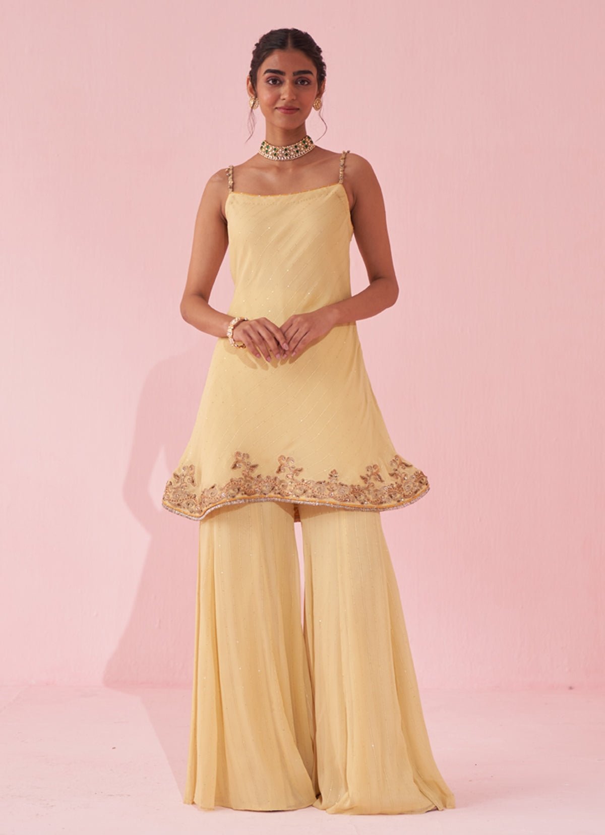 Pale yellow georgette kurta sharara set by Studio Bagechaa — affordable Mehendi outfit for UK weddings
