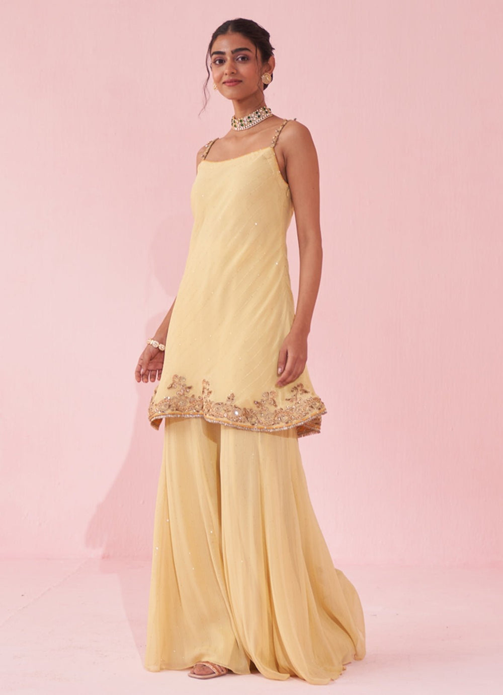 Pale Yellow Georgette Kurta Sharara Set Studio Bagechaa - Fabilicious Fashion