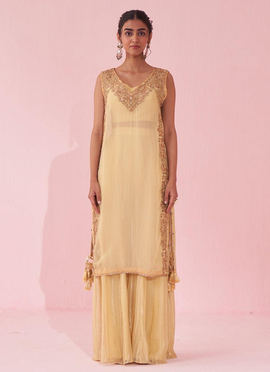 Pale Yellow Organza Embroidered Kurta Sharara Set Studio Bagechaa - Fabilicious Fashion