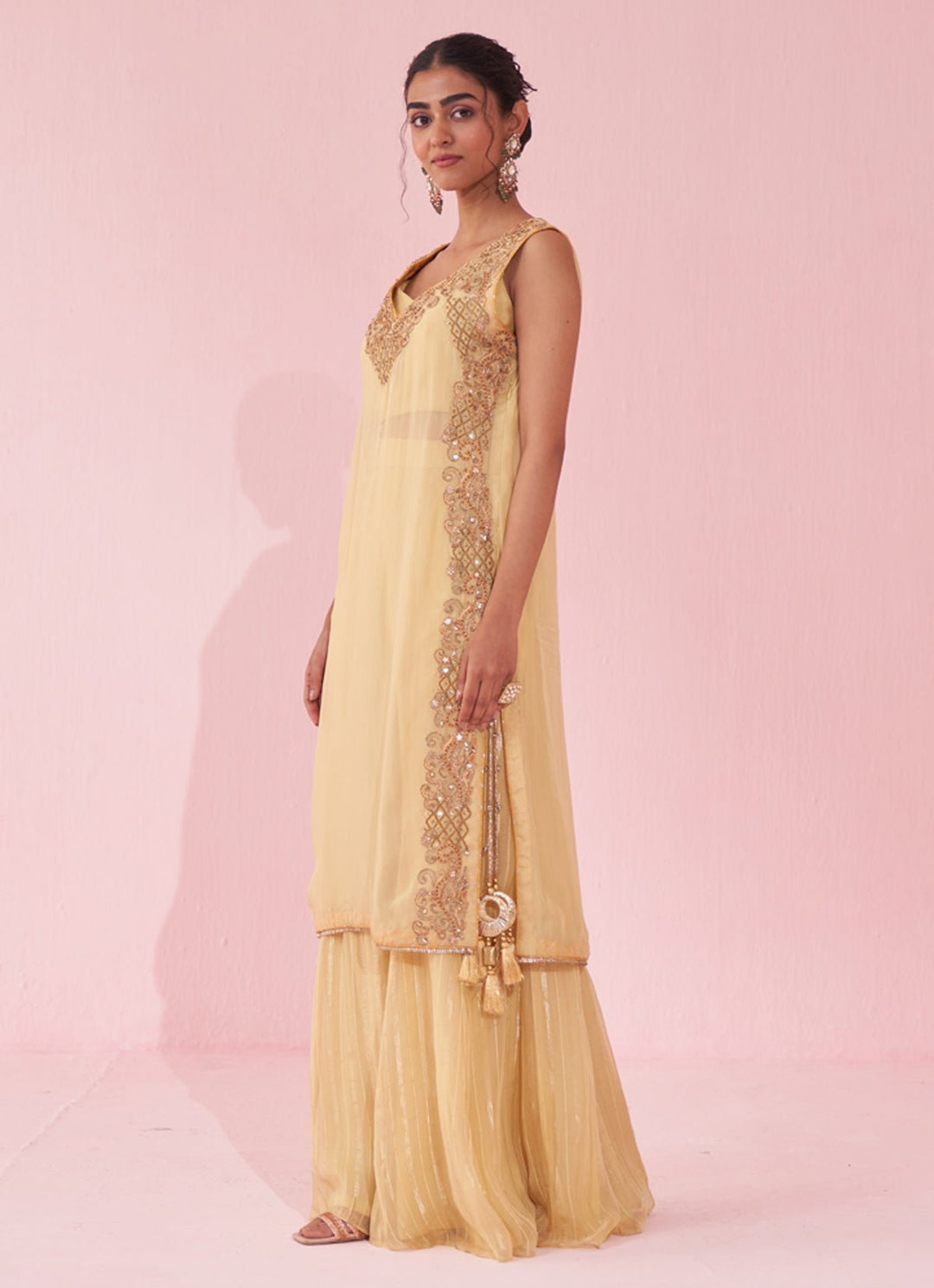 Pale Yellow Organza Embroidered Kurta Sharara Set Studio Bagechaa - Fabilicious Fashion