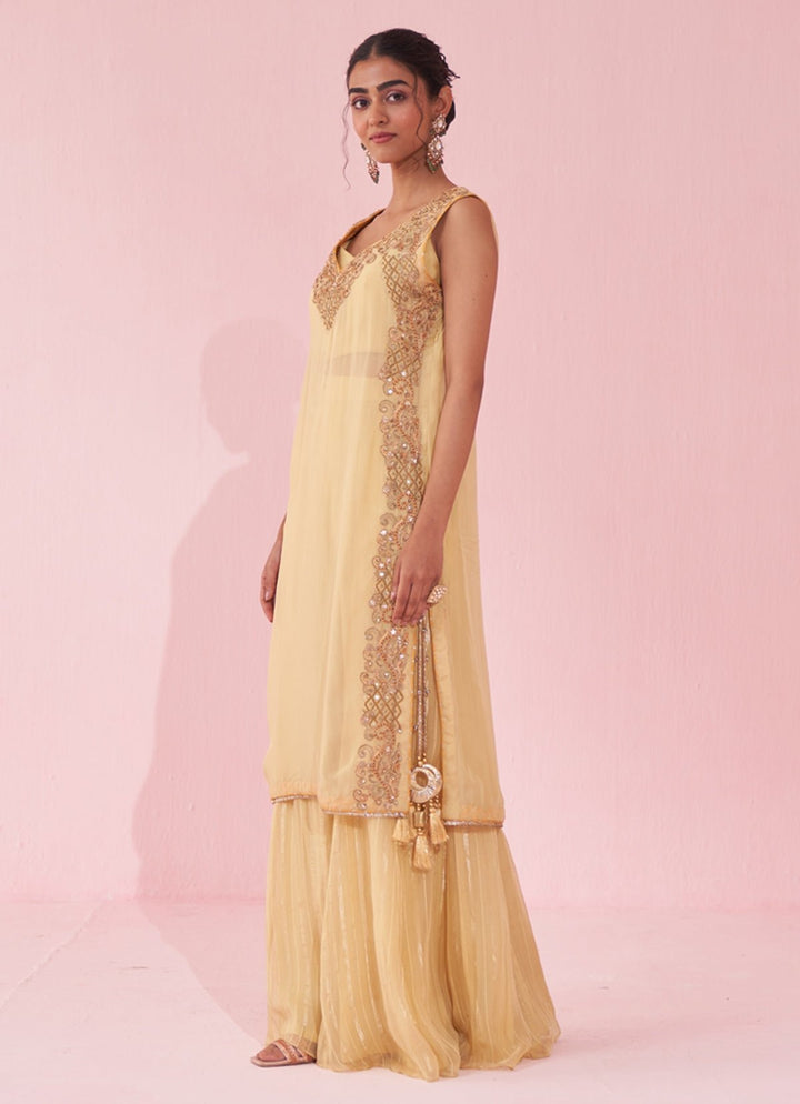 Pale Yellow Organza Embroidered Kurta Sharara Set Studio Bagechaa - Fabilicious Fashion
