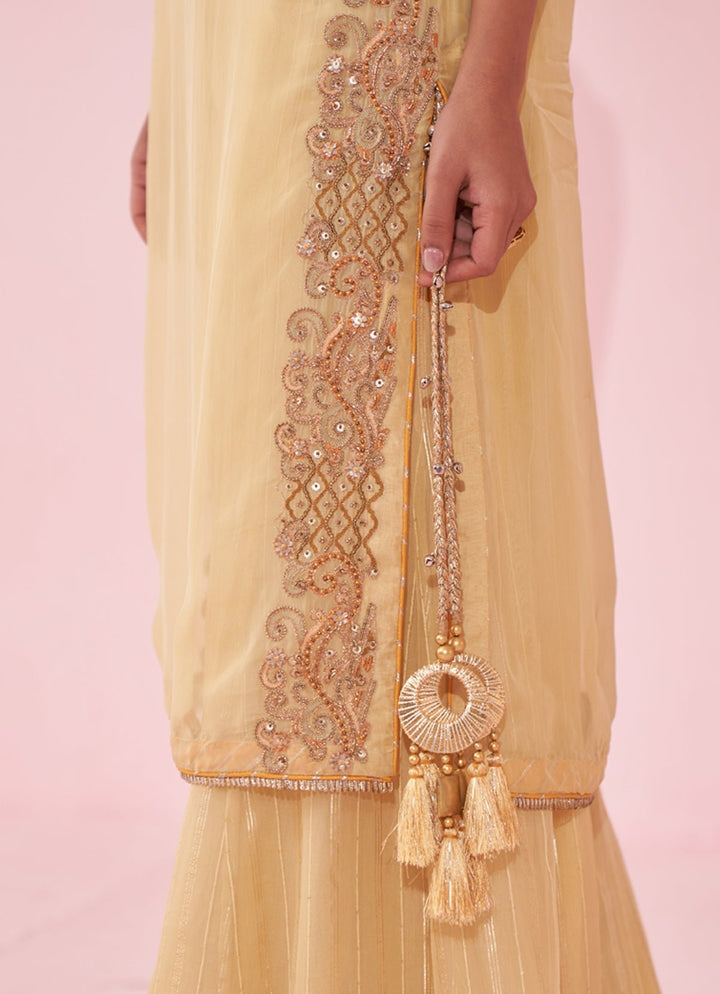 Pale Yellow Organza Embroidered Kurta Sharara Set Studio Bagechaa - Fabilicious Fashion