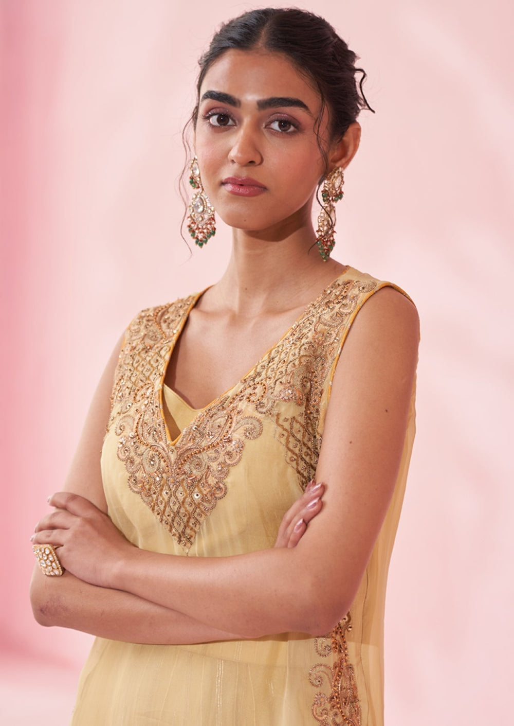 Pale Yellow Organza Embroidered Kurta Sharara Set Studio Bagechaa - Fabilicious Fashion